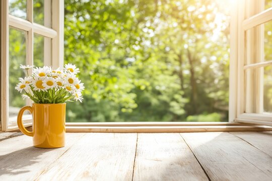 Fototapeta Sunny morning window scene with yellow cup of daisies and natural light