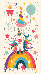 Naklejka premium Colorful unicorn birthday greeting with rainbow and balloons for festive celebrations