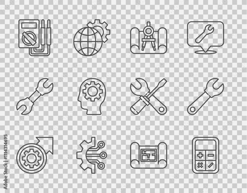 Poster set line gear and arrows as workflow process, calculator, graphing paper compass, algorithm, multime