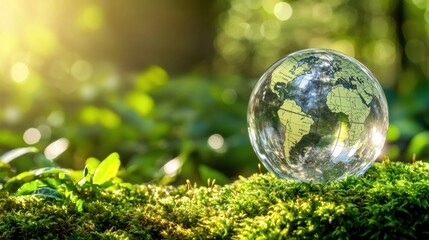 Crystal clear glass globe depicting the world in lush green forest nature photography serene environment close-up view