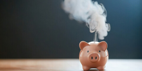 Broken piggy bank with smoke rising, symbolizing inflation and financial stress