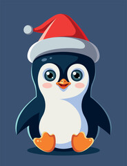 Cute cartoon penguin in a Santa Claus hat. Symbol of New Year and Christmas. Children's flat vector illustration isolated on background