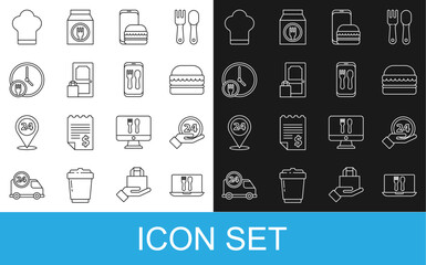 Set line Online ordering and delivery, Clock 24 hours, Burger, Round the clock, Chef hat and icon. Vector
