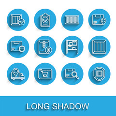 Set line Delivery tracking, Online shopping on screen, Wooden box with check mark, Search package, security shield, Envelope dollar symbol, and Warehouse icon. Vector