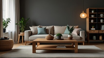 Obraz premium Wooden table in front of couch in spacious living room interior with plants and lamps. Real photo