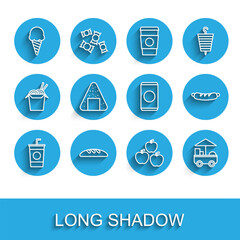 Set line Paper glass with straw, Bread loaf, Ice cream in waffle cone, Apple, Fast street food cart, Onigiri, Hotdog sandwich and Soda can icon. Vector