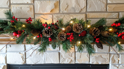 Festive Christmas garland draped across a fireplace mantel with pine cones, red berries, and twinkling lights for a warm holiday glow