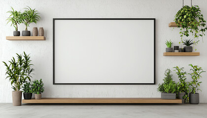 Minimalist room with shelves and lush green plants surrounding a blank picture frame, perfect for interior design inspiration.