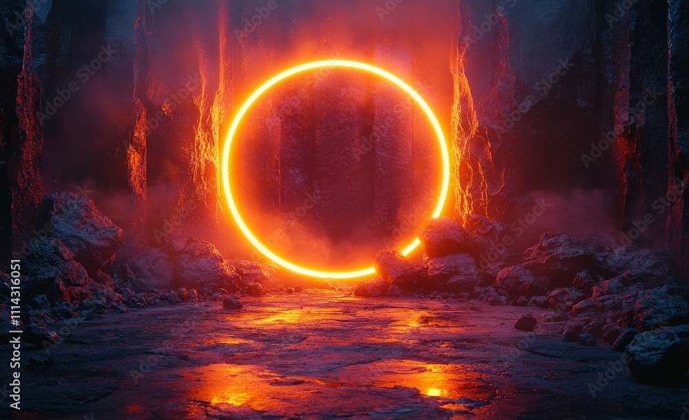 Poster a graphic of a three-dimensional round fiery frame with light effects. a representation of a magic p