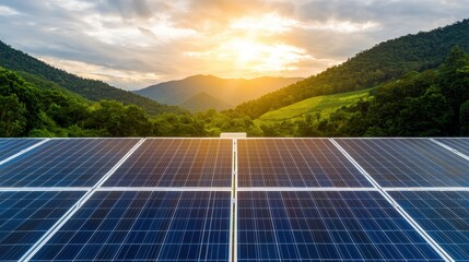 Environmental Consideration Concept. Solar panels with a sunset backdrop over green mountains.