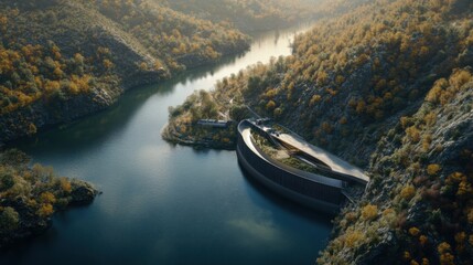 Fototapeta premium Modern architecture harmonizes with nature along a serene river in a mountainous landscape during autumn