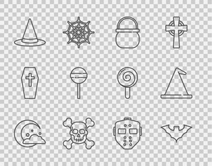 Set line Moon and stars, Flying bat, Halloween witch cauldron, Skull crossbones, Witch hat, Lollipop, Hockey mask and icon. Vector