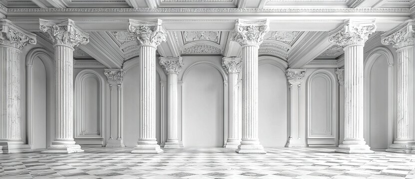 A 3D illustration of a white marble Roman column, part of a facade or porch colonnade, replicating a real Greek temple pillar. Classical sculpture decoration is featured on a balcony.