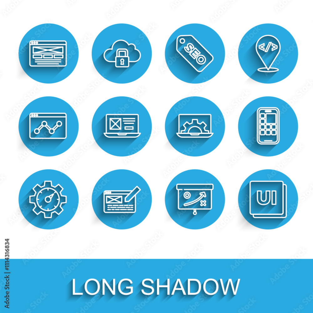Poster set line website statistic, ui or ux design, planning strategy concept, mobile apps and development 