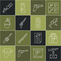 Set line Buying assault rifle, gun pistol, MP9I submachine, Pistol or, Revolver, Hand grenade, Anti-tank hand and Pepper spray icon. Vector
