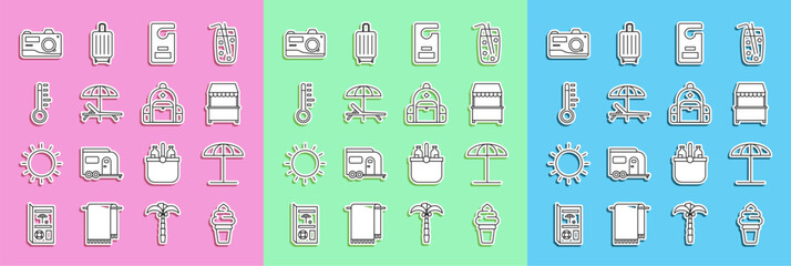 Set line Ice cream in waffle cone, Street stall with awning, Please do not disturb, Sunbed and, Meteorology thermometer, Photo camera and Hiking backpack icon. Vector
