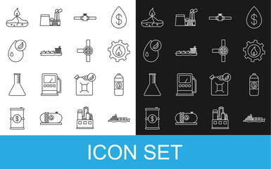 Set line Oil tanker ship, Canister for motor machine oil, industrial factory building, Industry pipes and valve, Bio fuel, Alcohol spirit burner and icon. Vector