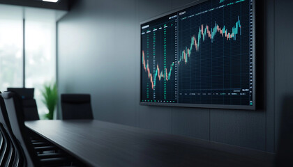 Modern conference room with digital financial charts on the screen, illustrating business analytics and decision-making environment.