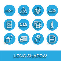 Set line Lighter, Oil price increase, Industry pipes and valve, Bio fuel, Petrol or gas station, Tanker truck, rig with fire and Barrel oil icon. Vector