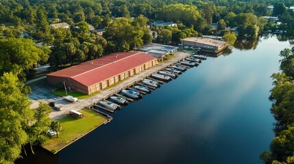 Naklejka premium Aerial view of boats docked at a waterfront warehouse.
