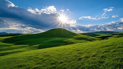 Bright Sunlight Over Lush Green Hills Symbolizing Hope and Sustainability