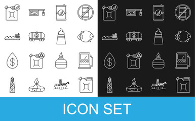 Set line Canister for gasoline, Petrol station, Oil exchange, Bio fuel barrel, railway cistern, tanker ship, canister and rig with fire icon. Vector