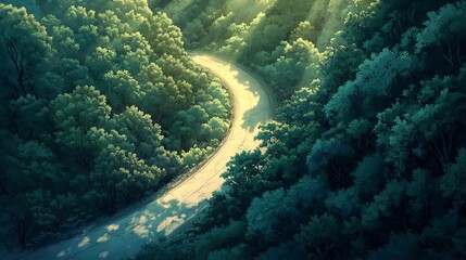 Winding Road Through Lush Green Forest Canopy