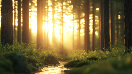 Obraz premium tranquil forest at sunrise with golden light filtering through trees, creating serene atmosphere. gentle stream flows amidst lush greenery, inviting peace and reflection