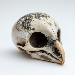 Naklejka premium A detailed, isolated skull of a small bird highlights the intricate bone patterns and textures, ideal for scientific study, on a white bbackground