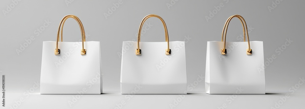 Aufkleber front and top views of white paper shopping bags. a mockup showing a blank packet with handles on a 