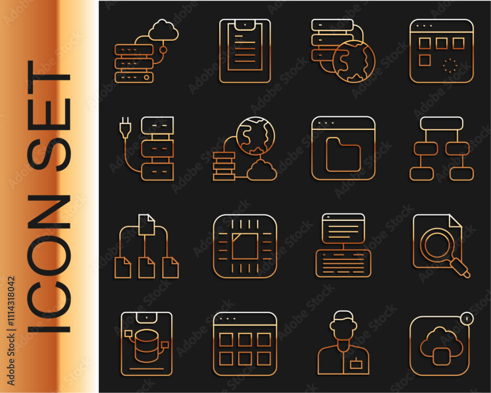 Poster set line cloud technology data transfer, search concept with folder, hierarchy organogram chart, net