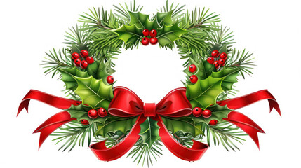 Fresh Christmas wreath made of pine branches, holly berries, and a red ribbon, perfect for a classic holiday look