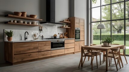 Minimalist wood kitchen set with white counter top, and ceramic backsplash. Appliances with Oven, Sink, Faucet and Hafele stove and cooker hood, side view no people.