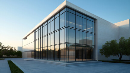 Obraz premium Modern glass building facade reflecting the serene sky and trees, showcasing contemporary architectural design excellence.