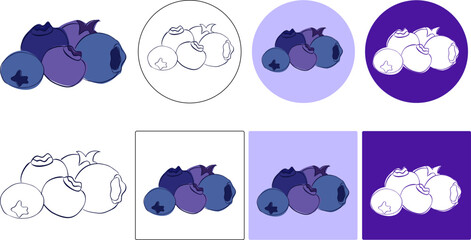 Obraz premium graphic line vector blueberry set of logos om colored background, five lying heaps of berries with leaves, falling bilberries