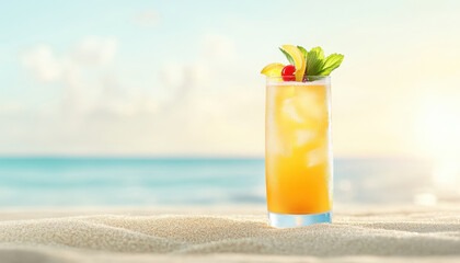 Obraz premium tropical mocktail served in tall glass, featuring vibrant colors and garnished with fruit, evokes refreshing beach vibe. Perfect for summer relaxation