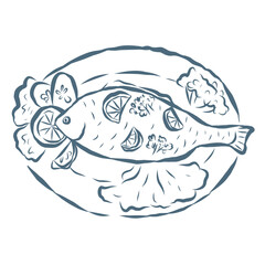 Line Art Illustration of Dish with Fish. Vector Graphic.