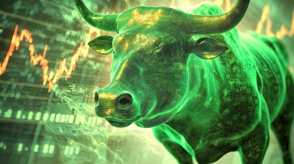 Digital Bull Market Surge Green Bull Stock Market Visualization Financial Data Analysis Modern Environment Digital Art Concept