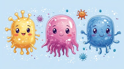 Obraz premium Various pathogens, viruses, and bacteria are illustrated as cute cartoon characters with cheerful expressions. These smiling pathogens have big eyes, and the colored cells are shown with teeth and