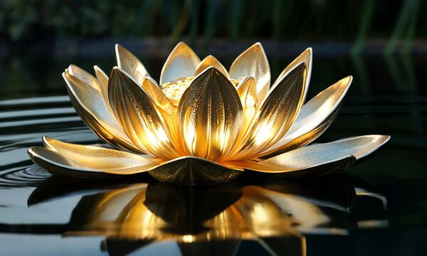 A glowing golden lotus flower floating on water, creating a serene and peaceful ambiance.