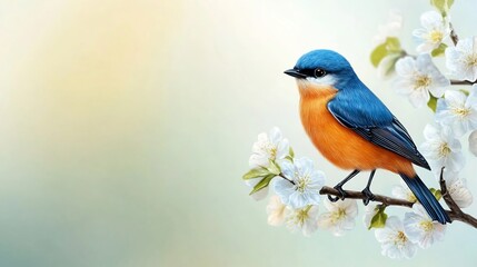 Delicate Watercolor of a Perched Bird on Blossoming Branch