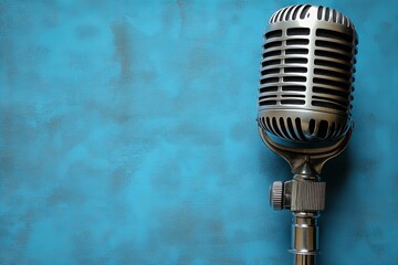 Fototapeta premium World press freedom day: retro microphone on blue background for media and journalism themes