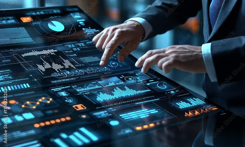 Aufkleber a businessman analyzes data on a large touchscreen with graphs and charts.