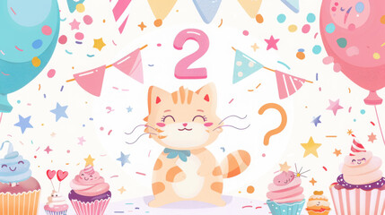 Fototapeta premium Whimsical cat birthday banner with confetti, cupcakes, and balloons for celebration