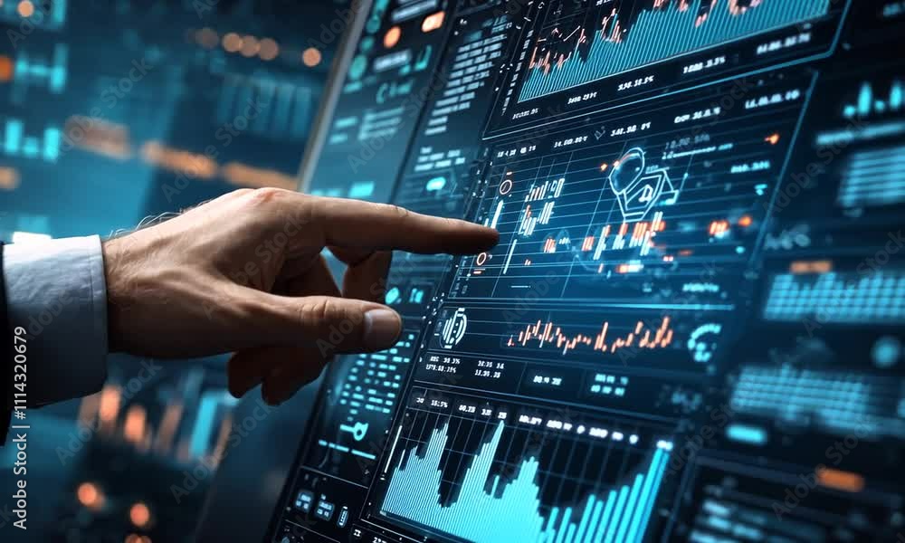 Poster a businessman's hand reaches out to touch a futuristic digital screen displaying charts and graphs.