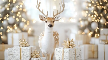Fototapeta premium Magical White Deer Portrait with Christmas Bokeh Lights