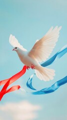 Obraz premium White dove flying with flowing blue and red ribbons against a bright sky