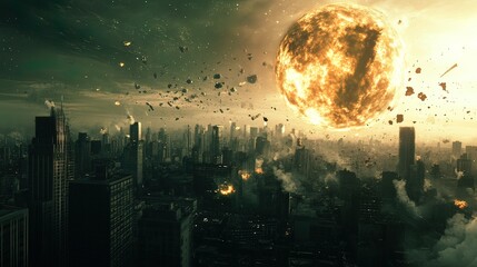 Apocalyptic city skyline with fiery celestial body and debris falling.