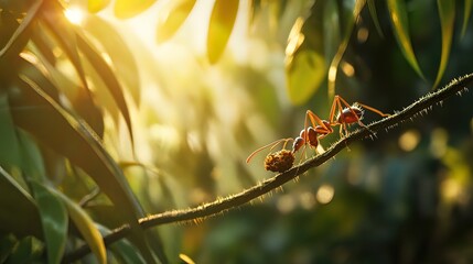 A red ant carries a seed along a branch at sunset in a lush green forest.