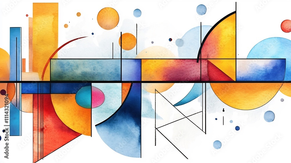 Poster vibrant abstract watercolor splash with overlapping geometric shapes and bold color blending in
